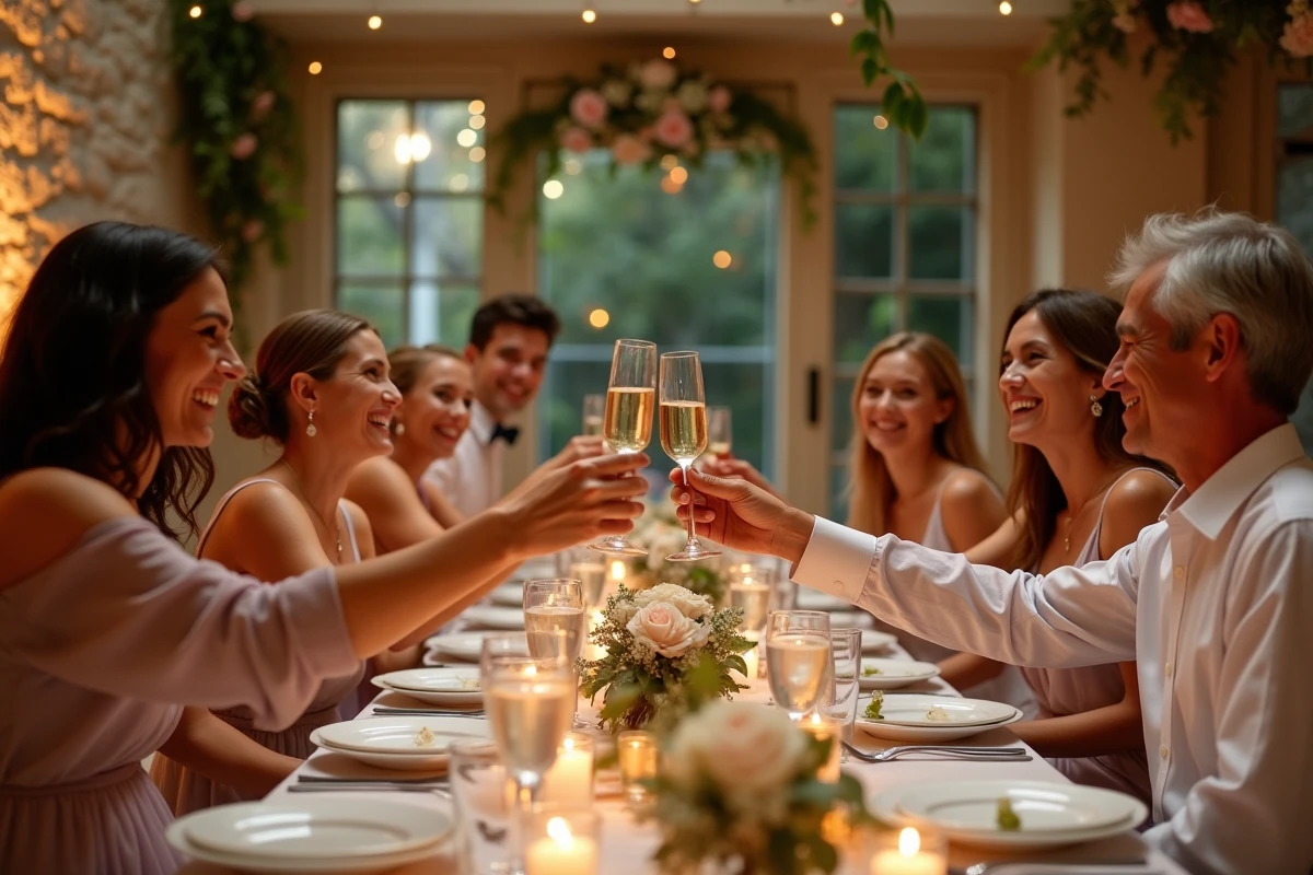 Groupe de convives portant un toast joyeux autour d'une table de banquet de mariage décorée de fleurs et de bougies dans une salle en pierre