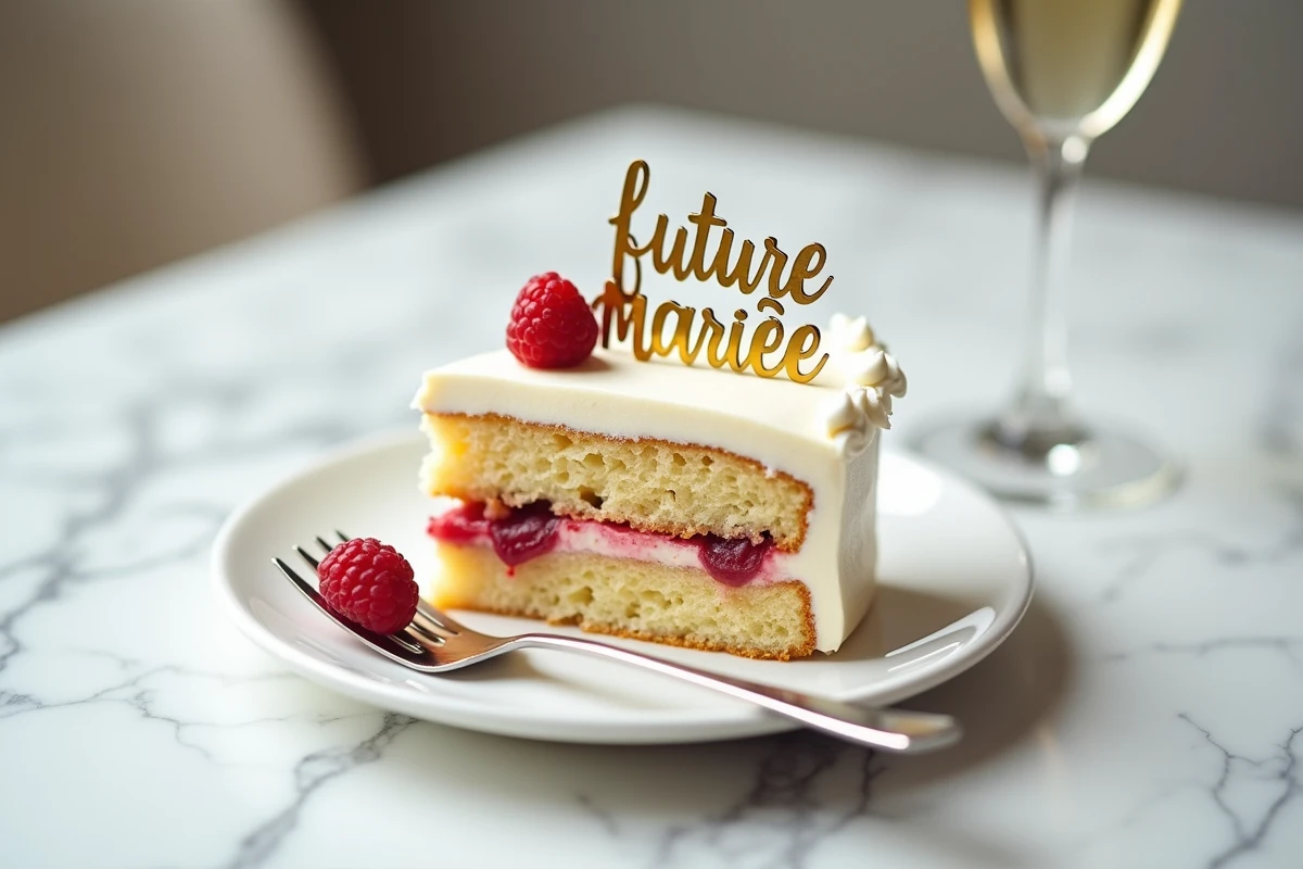 Tranche de gâteau d'enterrement de vie de jeune fille sur assiette en marbre avec topper doré et flûte de champagne en arrière-plan