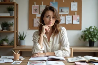 Femme préparant son thème de mariage entourée de planches d'inspiration, de tissus et de palettes de couleurs sur un bureau en bois