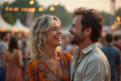 Couple souriant à un festival de musique, illustrant la rencontre entre un fan et une artiste devenue histoire d'amour