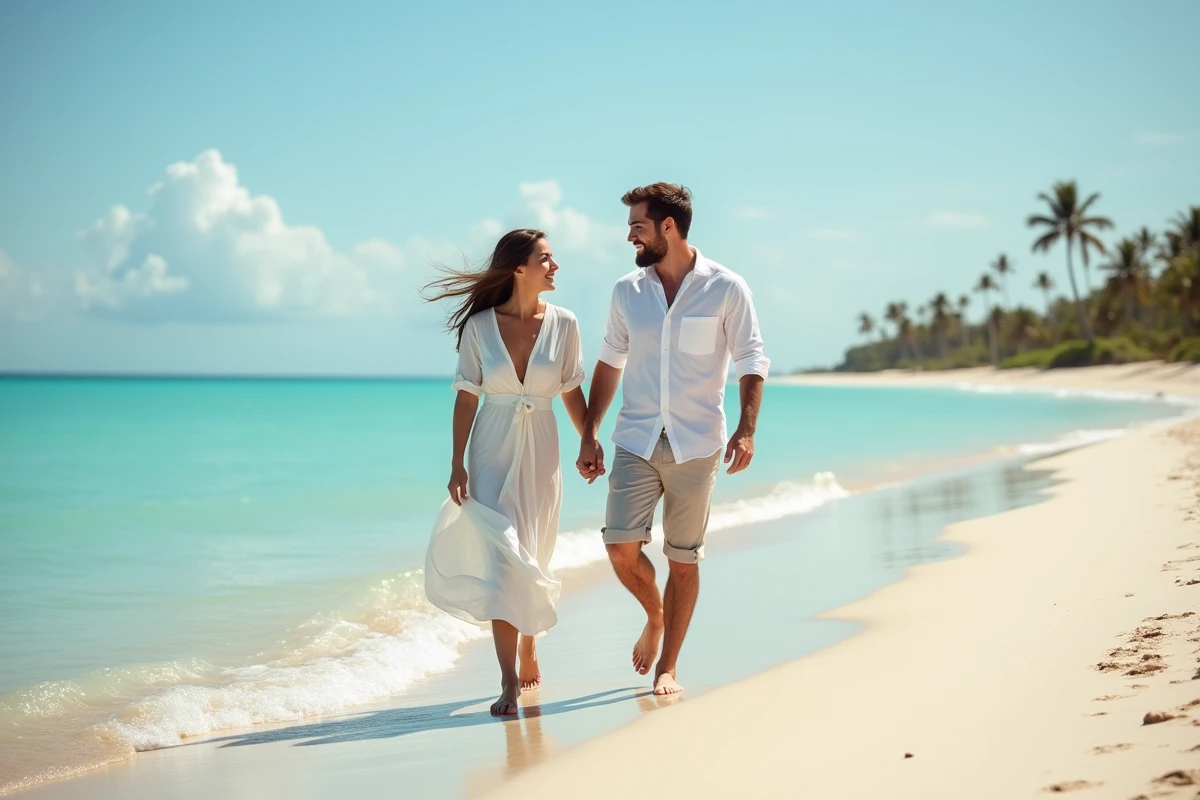 Jeunes mariés marchant pieds nus sur une plage tropicale pendant leur voyage de noces