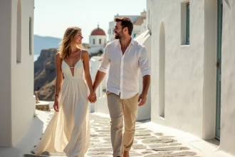 Couple de jeunes mariés se promenant dans les rues pavées de Santorin lors de leur voyage de noces