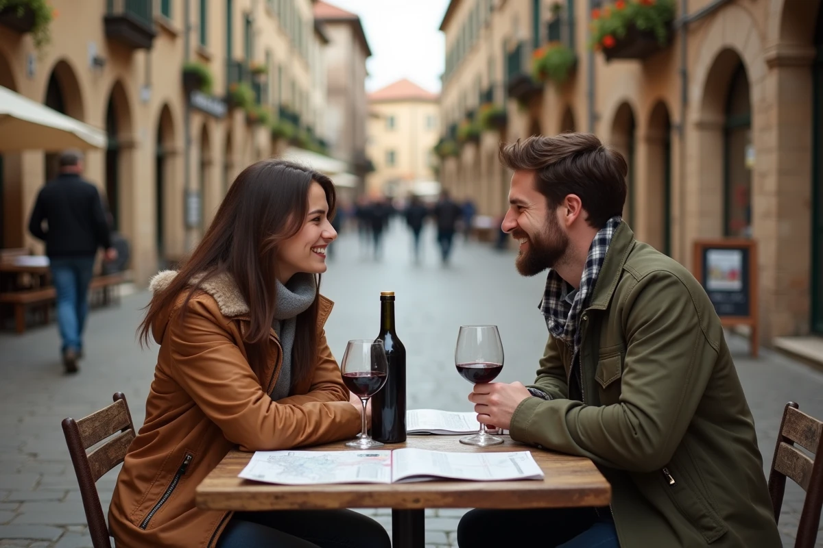 Couple de futurs mariés dégustant du vin dans un café européen lors d'un voyage romantique prénuptial
