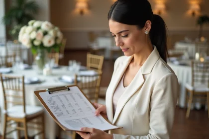 Wedding planner professionnelle consultant un budget de mariage dans une salle de réception décorée